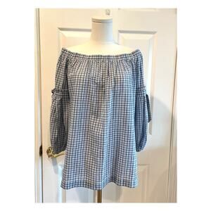 Max Studio Blue & White Plaid Off-The-Shoulder Cotton Blouse Size Small